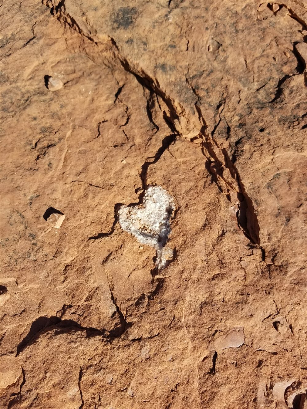 A heart-shaped crystal formation in red rock