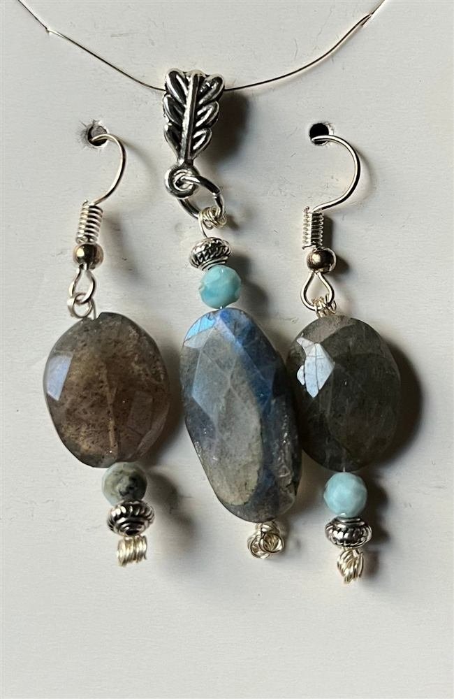 Labradorite & Larimar Pendant & Earrings set, handmade by Wilhelmina St&ouml;cker